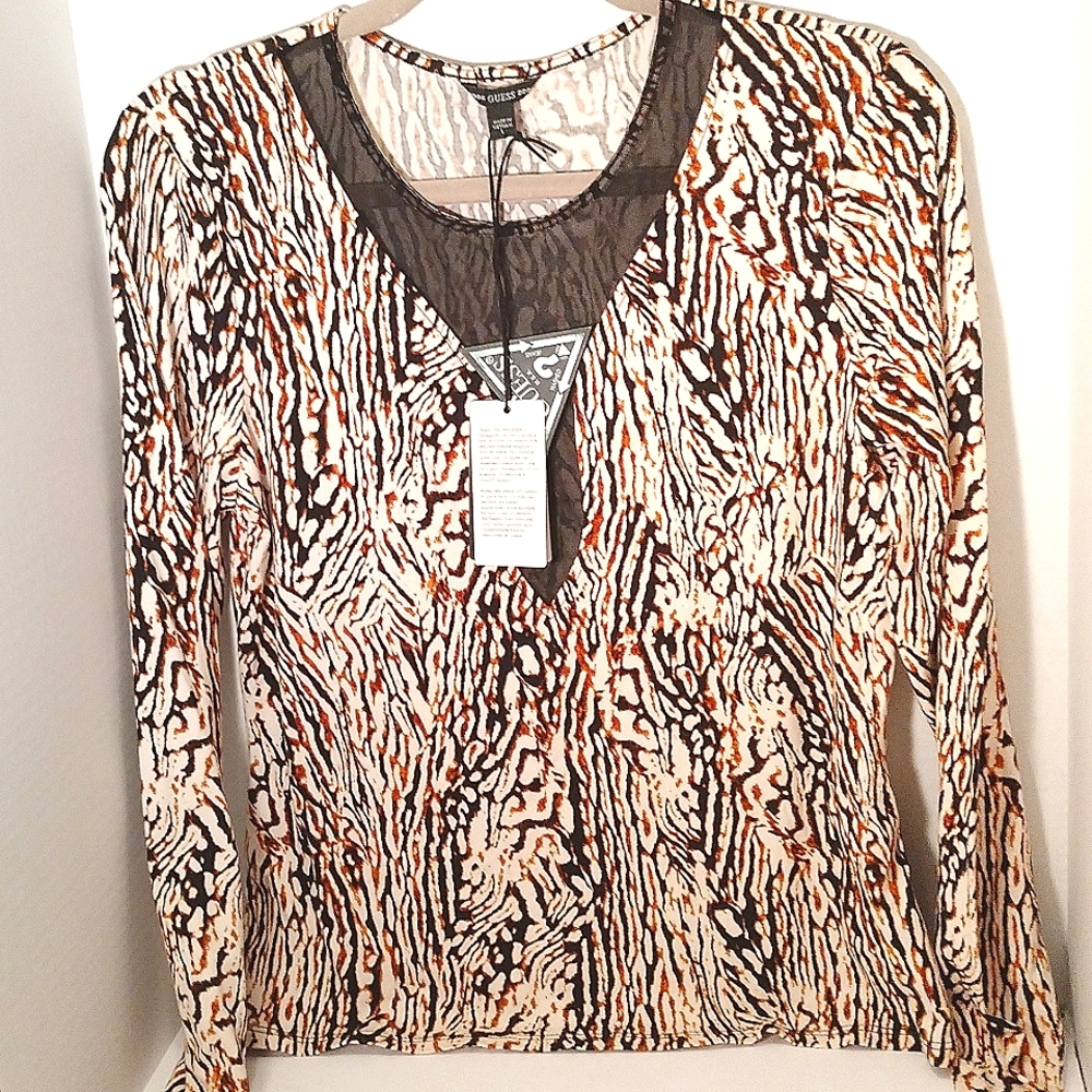 Guess Valentina top sz.L zatar zebra print black, brown and cream